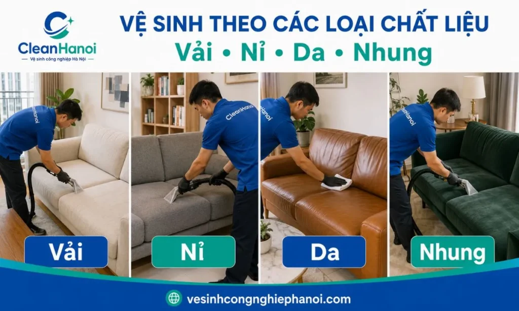 các loại sofa phổ biến CleanHanoi nhận làm sạch tại Nam Từ Liêm, gồm sofa vải, nỉ, da và sofa góc chữ L.