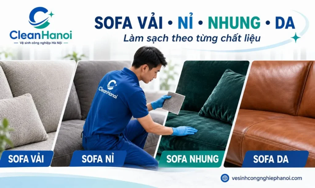 Hình minh họa các chất liệu sofa CleanHanoi tiếp nhận vệ sinh gồm sofa vải, nỉ, nhung và da với phương pháp làm sạch riêng.