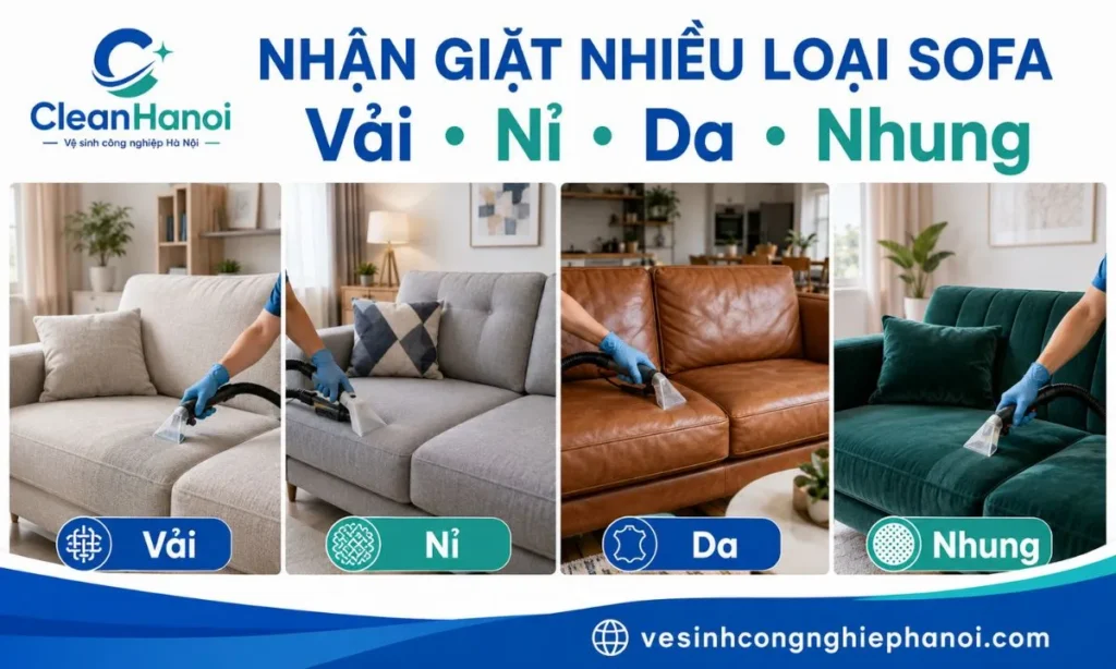 những loại ghế phổ biến CleanHanoi tiếp nhận tại Gia Lâm, bao gồm sofa vải, nỉ, da và sofa nhung.