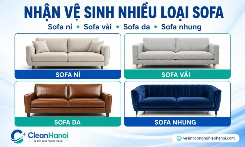 các loại sofa CleanHanoi nhận vệ sinh tại Thanh Xuân, gồm sofa nỉ, sofa vải, sofa da và sofa góc.