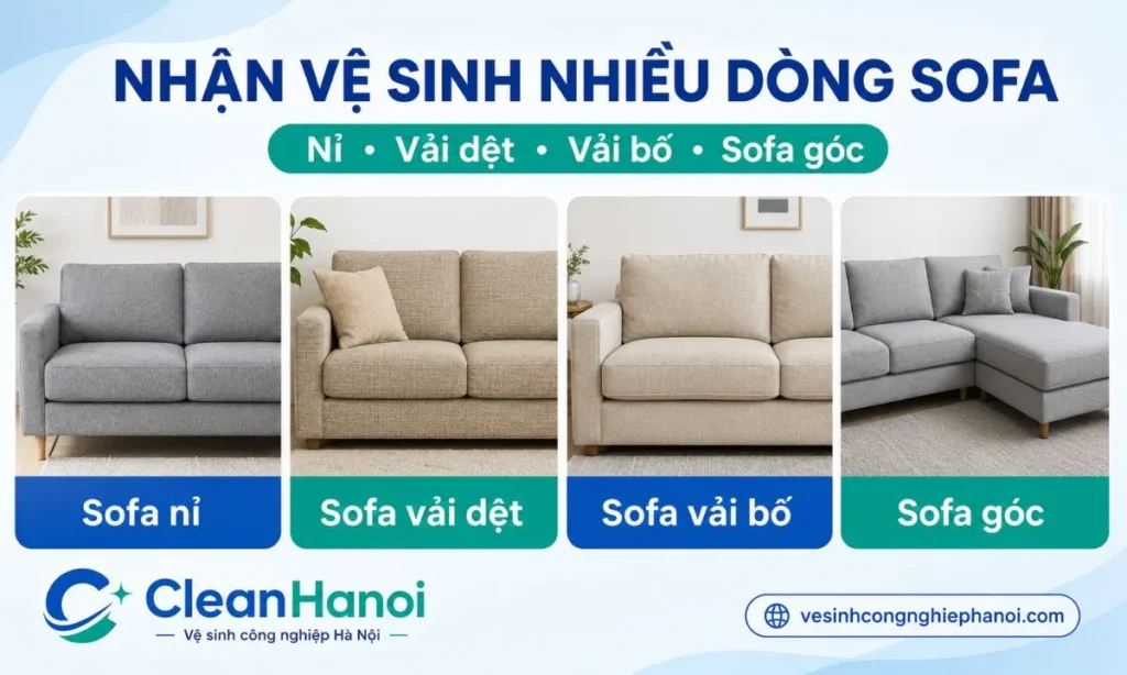 những dòng sofa CleanHanoi tiếp nhận vệ sinh, gồm sofa nỉ, sofa vải dệt, sofa vải bố và sofa góc bọc vải.