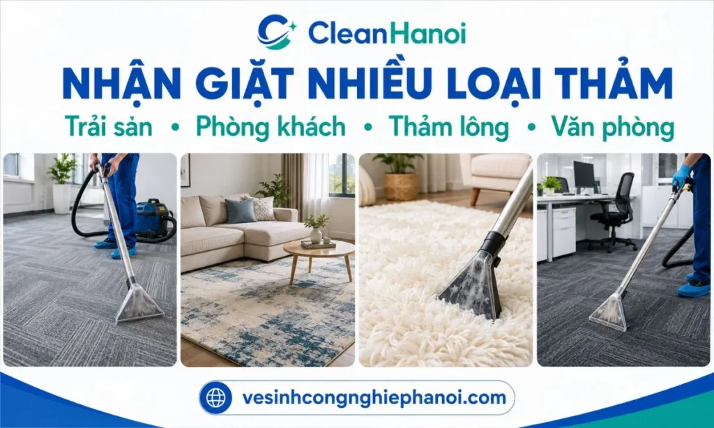 các loại thảm phổ biến CleanHanoi tiếp nhận tại Hà Đông, gồm thảm trải sàn, thảm phòng khách, thảm lông và thảm văn phòng.