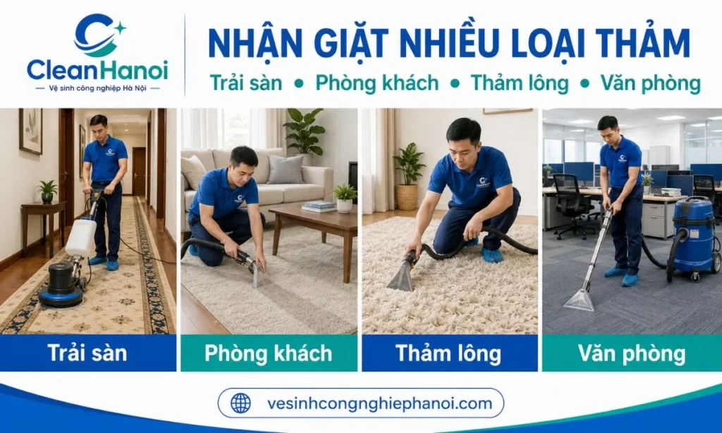các loại thảm phổ biến được CleanHanoi tiếp nhận tại Long Biên, gồm thảm trải sàn, thảm phòng khách, thảm lông và thảm văn phòng.