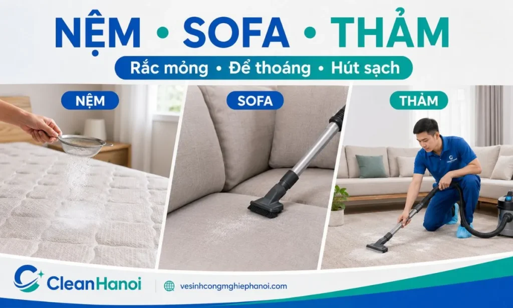 Rắc lớp baking soda mỏng trên nệm, sofa và thảm rồi hút sạch bằng máy