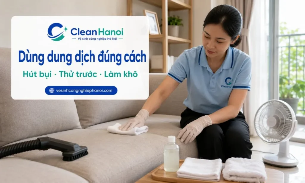 Cách dùng dung dịch vệ sinh ghế sofa đúng là hút bụi trước, pha đúng tỷ lệ, thử ở vị trí khuất, thấm dung dịch vào khăn sạch, không đổ trực tiếp lên ghế, lau lại để giảm cặn và làm khô sofa sau vệ sinh.
