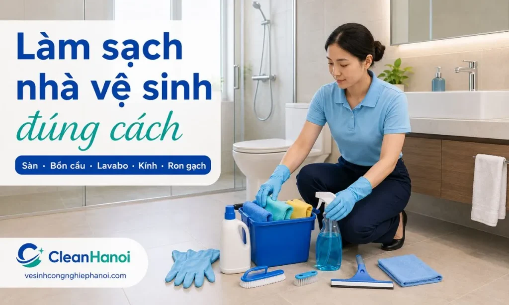 Hướng dẫn cách làm sạch nhà vệ sinh đúng thứ tự, bao gồm sàn nhà tắm, bồn cầu, lavabo, kính, gương, ron gạch, phễu thoát nước và bước gạt khô để hạn chế mùi hôi, cặn bẩn và trơn nhớt.