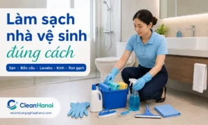 Hướng dẫn cách làm sạch nhà vệ sinh đúng thứ tự, bao gồm sàn nhà tắm, bồn cầu, lavabo, kính, gương, ron gạch, phễu thoát nước và bước gạt khô để hạn chế mùi hôi, cặn bẩn và trơn nhớt.