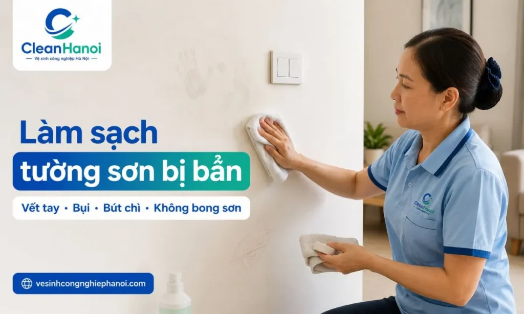 Hướng dẫn cách làm sạch tường sơn bị bẩn, vết tay, bụi, vết quệt và bút chì bằng khăn mềm hơi ẩm, thao tác nhẹ, thử ở góc khuất và thấm khô để hạn chế loang màu, bóng mảng hoặc bong sơn.