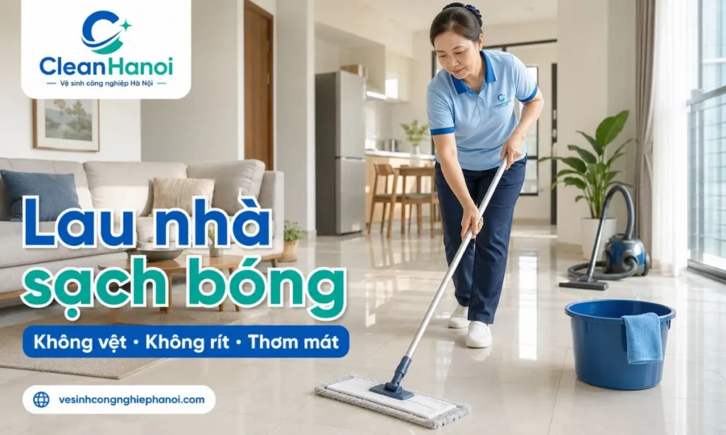 Hướng dẫn cách lau nhà sạch bóng, không bị vệt, không bị rít và thơm mát bằng cách hút bụi trước, pha nước lau sàn đúng lượng, dùng cây lau sạch vắt ráo và làm khô sàn sau khi lau.