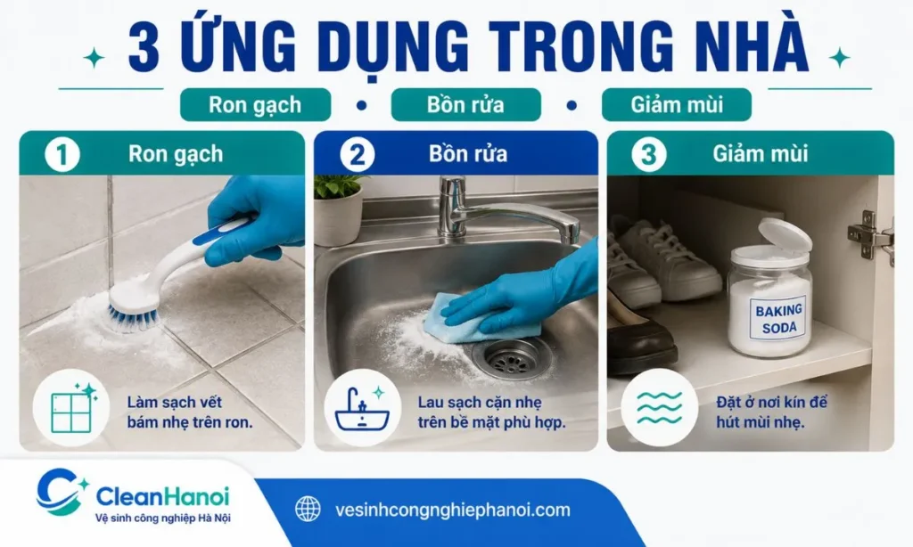 Baking soda dùng làm sạch ron gạch, bồn rửa và hỗ trợ giảm mùi trong tủ