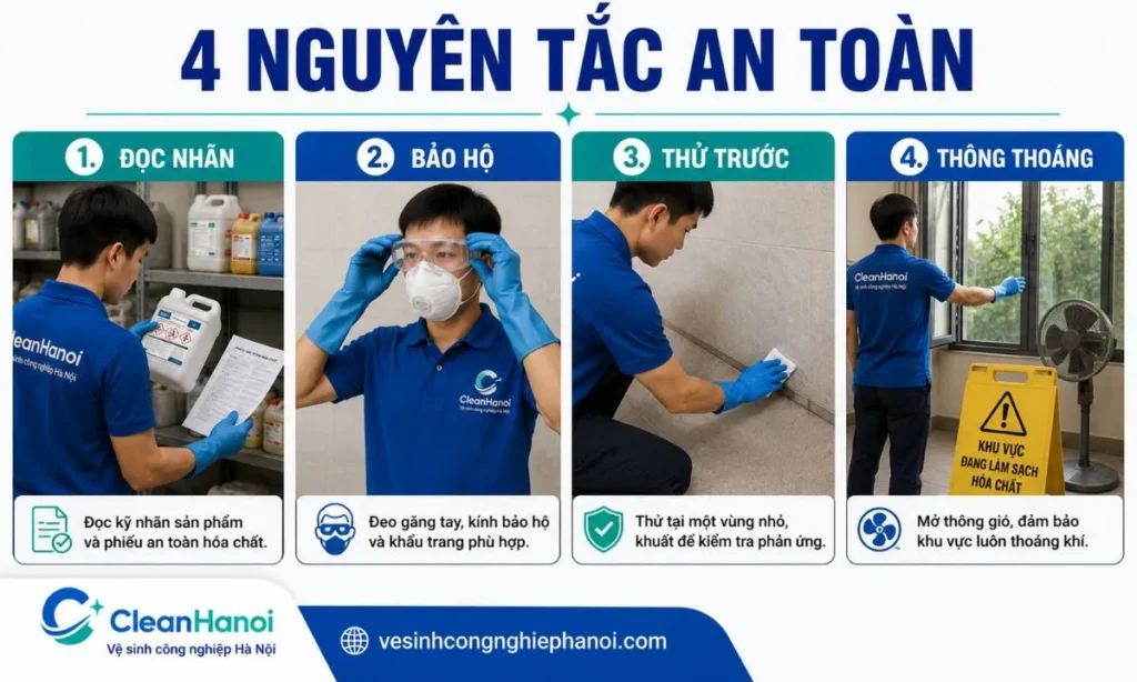 Nhân viên đeo kính, găng tay và thử hóa chất HCl tại vùng nhỏ trước khi sử dụng