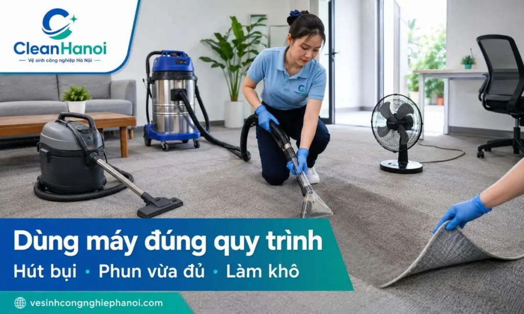 Cách sử dụng máy giặt thảm đúng là hút bụi khô trước, thử dung dịch ở góc khuất, xử lý điểm bẩn, phun vừa đủ, hút nước bẩn kỹ nhiều lượt và làm khô bằng quạt hoặc thông gió.