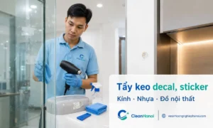 Hướng dẫn cách tẩy keo decal, tem nhãn, sticker và màng dán bảo vệ trên kính, nhựa, tường sơn, đồ nội thất, cửa, khung nhôm và thiết bị gia dụng bằng cách làm mềm keo, bóc chậm và lau từng vùng nhỏ.