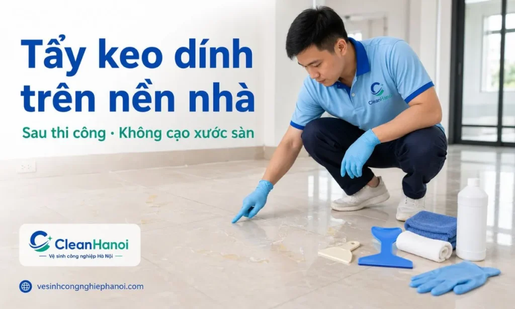 Hướng dẫn cách tẩy keo dính trên nền nhà, sàn gạch, sàn nhựa, sàn gỗ và nền đá sau thi công bằng cách xác định loại keo, làm mềm, gỡ bằng dụng cụ nhựa và lau sạch bề mặt.