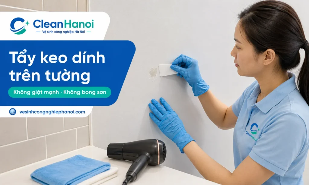 Hướng dẫn cách tẩy keo dính trên tường sơn, tường gạch, móc dán tường, băng dính 2 mặt và sticker bằng cách làm mềm nhẹ, bóc chậm, dùng dụng cụ nhựa và hạn chế làm bong sơn.