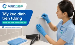 Hướng dẫn cách tẩy keo dính trên tường sơn, tường gạch, móc dán tường, băng dính 2 mặt và sticker bằng cách làm mềm nhẹ, bóc chậm, dùng dụng cụ nhựa và hạn chế làm bong sơn.