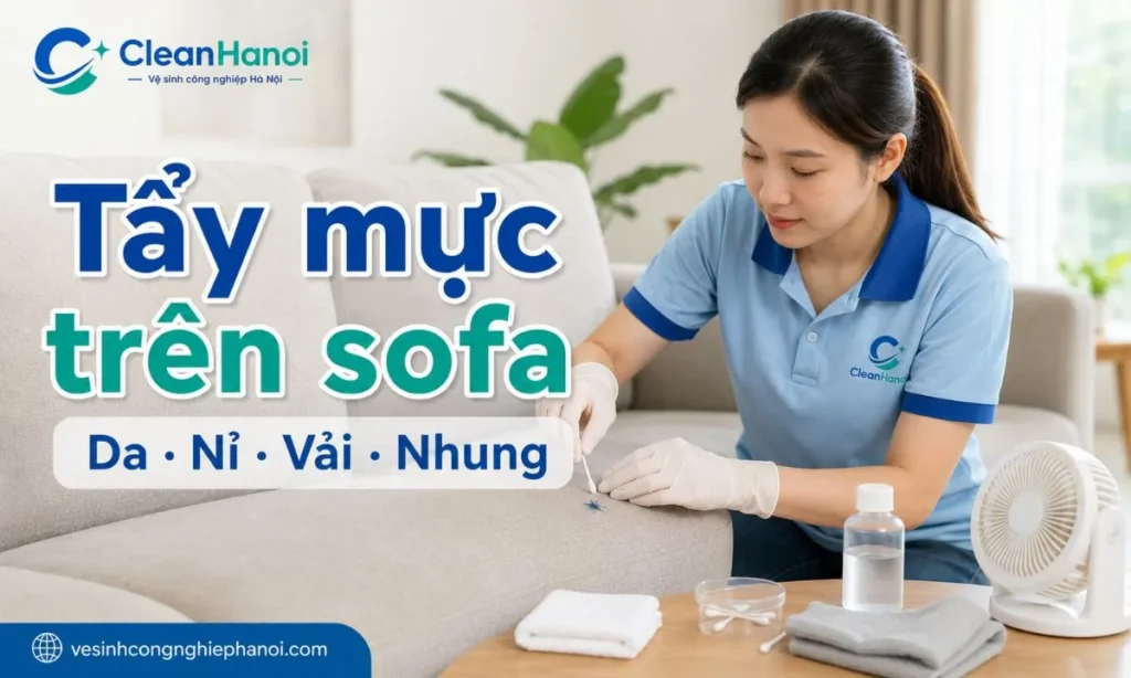 Hướng dẫn cách tẩy mực trên sofa da, nỉ, vải tại nhà bằng khăn trắng, tăm bông, thao tác chấm nhẹ, thử dung dịch ở góc khuất và làm khô đúng cách để hạn chế loang mực, bạc màu hoặc hỏng bề mặt ghế.