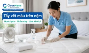 Hướng dẫn cách tẩy vết máu trên nệm, ga giường và vải dày bằng nước lạnh, khăn sạch, thao tác thấm nhẹ, xử lý từng vùng nhỏ và làm khô kỹ để hạn chế vết loang, quầng ố và mùi ẩm.
