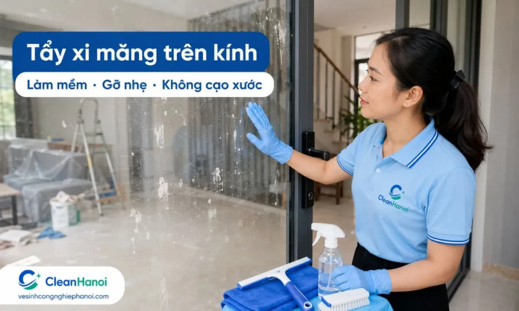 Hướng dẫn cách tẩy xi măng, vữa khô, nước xi măng và bụi mịn trên kính, cửa kính, vách kính, kính cường lực sau xây dựng bằng cách làm mềm vết bám, gỡ nhẹ và gạt kính đúng cách.