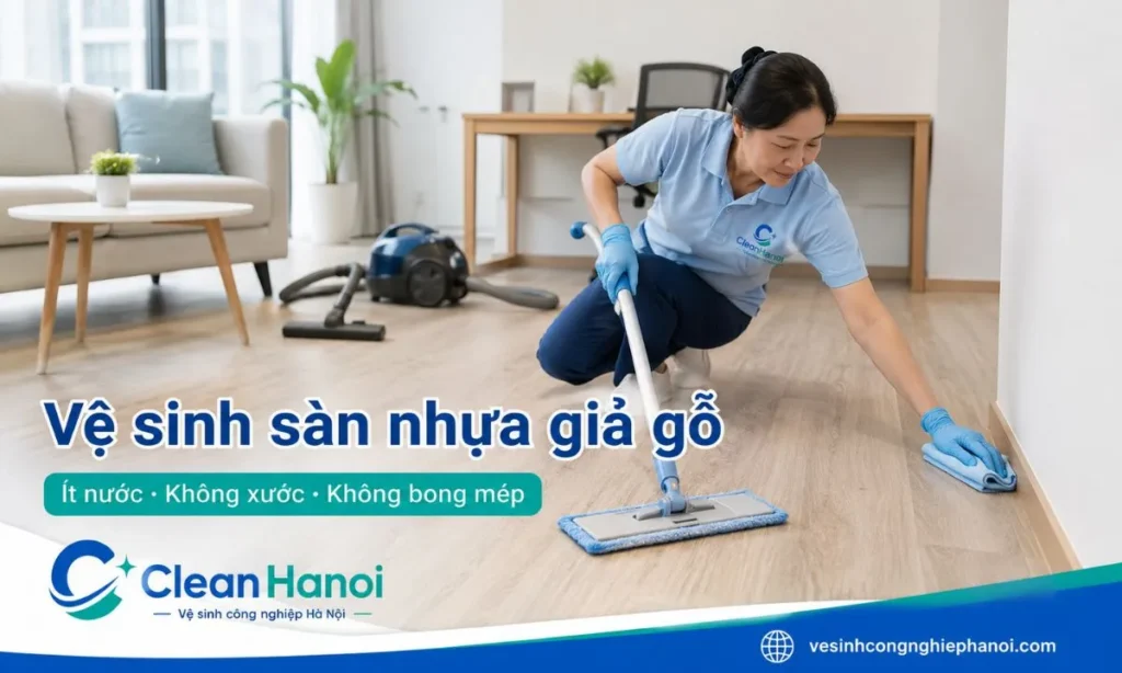 Hướng dẫn vệ sinh sàn nhựa giả gỗ, sàn vinyl bằng cây lau mềm vắt ráo, dung dịch nhẹ, hút bụi trước khi lau và làm khô mép sàn để hạn chế xước, xỉn màu, bết chân, hở hèm hoặc bong mép.