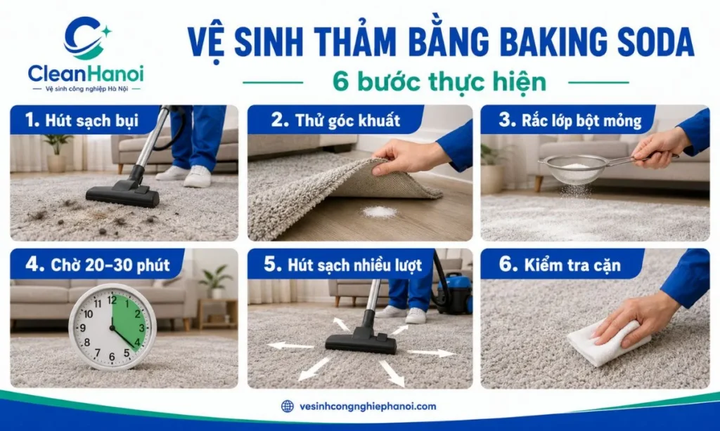 Quy trình vệ sinh thảm bằng baking soda gồm hút bụi, thử tại góc khuất, rắc bột mỏng, chờ tác dụng, hút sạch và kiểm tra cặn trên thảm.