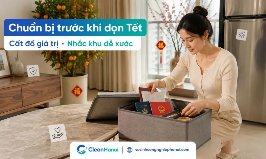 Trước khi thuê dịch vụ dọn nhà Tết, khách hàng nên cất giấy tờ, tiền, trang sức, đồ cá nhân, đồ dễ vỡ, đồ có giá trị và nhắc trước các khu vực cần thao tác nhẹ như tủ gỗ, mặt đá, kính, inox hoặc sàn gỗ.