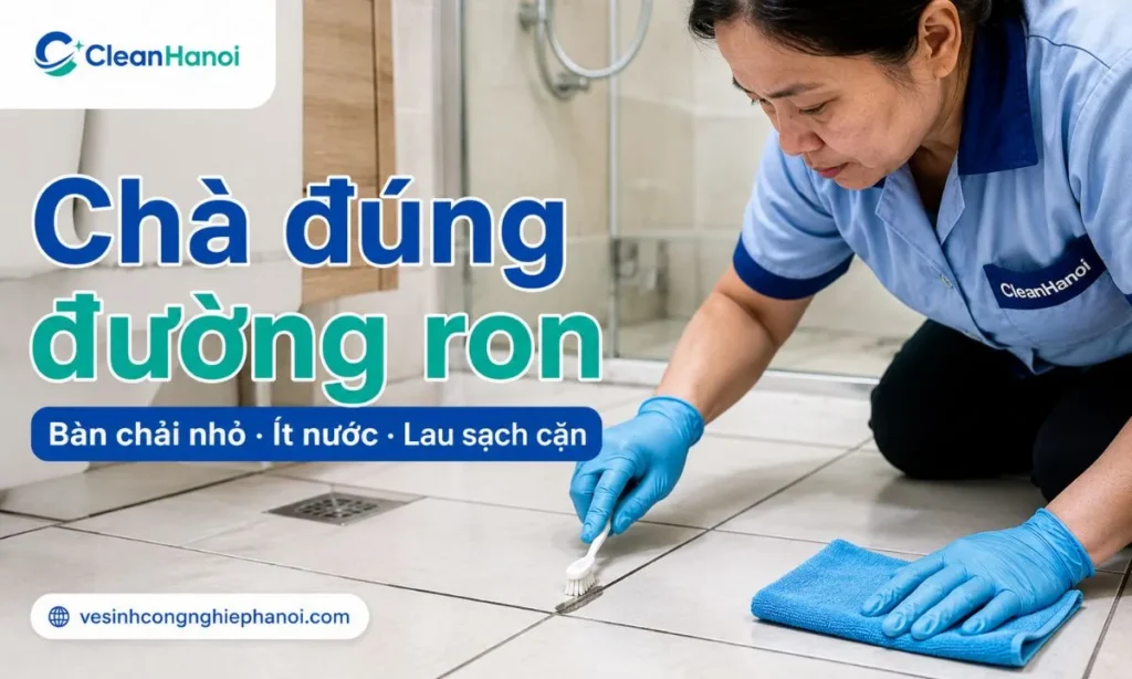 Với ron gạch bị bẩn nhẹ, nên quét hoặc hút bụi trước, làm ẩm nhẹ đường ron, dùng bàn chải nhỏ chà dọc theo khe gạch, sau đó lau sạch cặn bẩn và làm khô bề mặt.