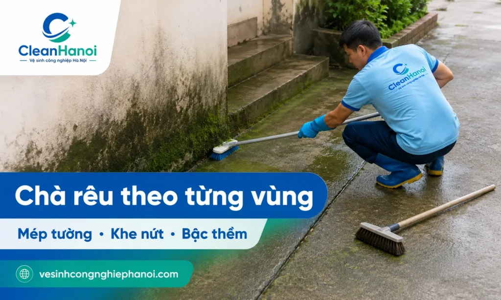 Khi tẩy rong rêu trên nền xi măng, nên quét sạch lá cây, làm ướt nền rồi dùng bàn chải cứng hoặc bàn chà cán dài chà từng vùng nhỏ, tập trung ở mép tường, bậc thềm, khe nứt và khu vực gần vòi nước.
