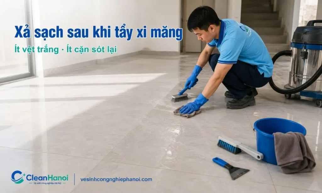 Sau khi tẩy xi măng trên nền gạch, cần chà lại bằng bàn chải hoặc miếng cọ phù hợp, xả sạch nhiều lần để loại bỏ cặn xi măng và dung dịch, sau đó lau khô để kiểm tra vệt trắng còn lại.