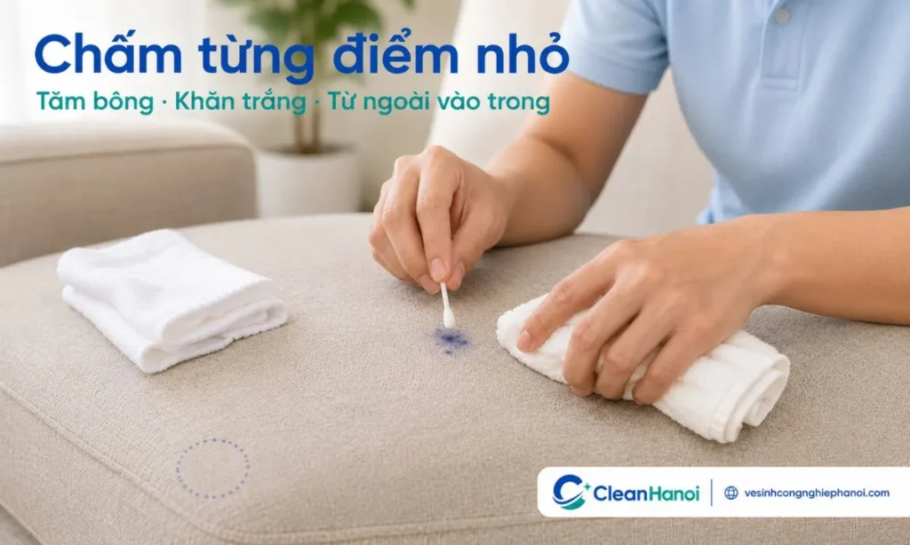 Khi xử lý vết mực trên sofa, nên thử dung dịch ở góc khuất trước, sau đó thấm lượng nhỏ vào tăm bông hoặc khăn trắng và chấm nhẹ từ mép ngoài vết mực vào trong, không đổ dung dịch trực tiếp lên ghế.