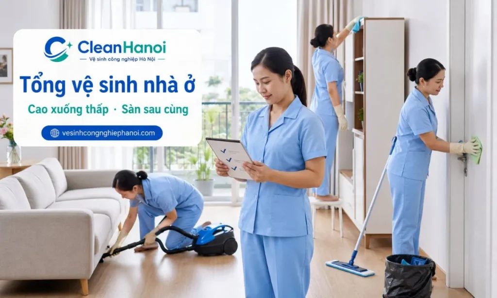 Checklist tổng vệ sinh nhà ở nên làm theo thứ tự dọn rác, hút bụi khô, vệ sinh bụi cao, lau bề mặt, xử lý khu bẩn nặng và lau sàn cuối cùng để tránh làm lại nhiều lần.