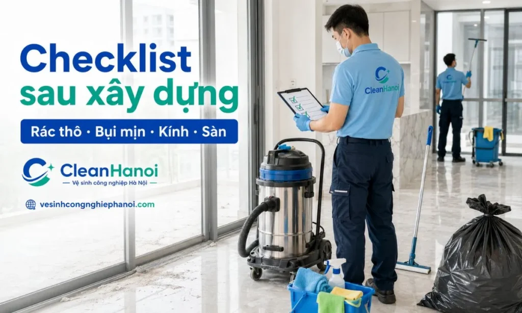 Checklist vệ sinh công trình sau xây dựng giúp kiểm tra các hạng mục như thu gom rác thô, hút bụi mịn, tẩy xi măng, lau kính, vệ sinh ray cửa, vệ sinh sàn và nghiệm thu góc khuất.
