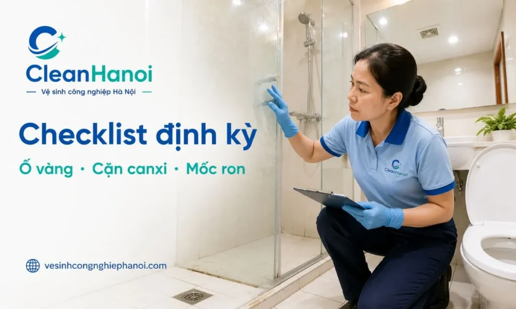 Checklist vệ sinh nhà vệ sinh định kỳ giúp kiểm tra ố vàng, cặn canxi trên gương kính, mốc ron gạch, cặn bám dưới vành bồn cầu, thoát sàn, trần và quạt thông gió.