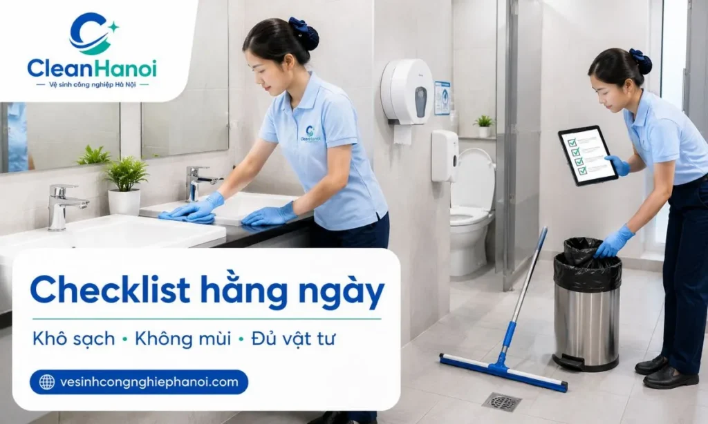 Checklist vệ sinh nhà vệ sinh hằng ngày tập trung vào bồn cầu, lavabo, gương, sàn, thùng rác, vật tư và mùi để giữ toilet khô, sạch, không đầy rác và không có mùi khó chịu.