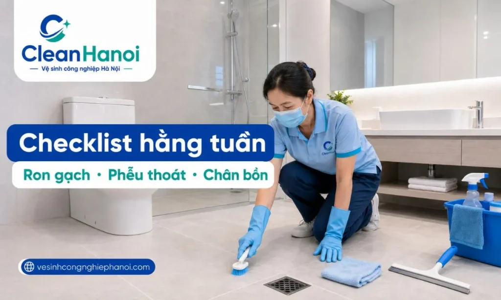 Checklist vệ sinh nhà vệ sinh hằng tuần cần cọ kỹ bồn cầu, lavabo, gương kính, sàn, ron gạch, phễu thoát sàn, tường khu vực tắm và phụ kiện để hạn chế cặn, mùi và mốc tích tụ.
