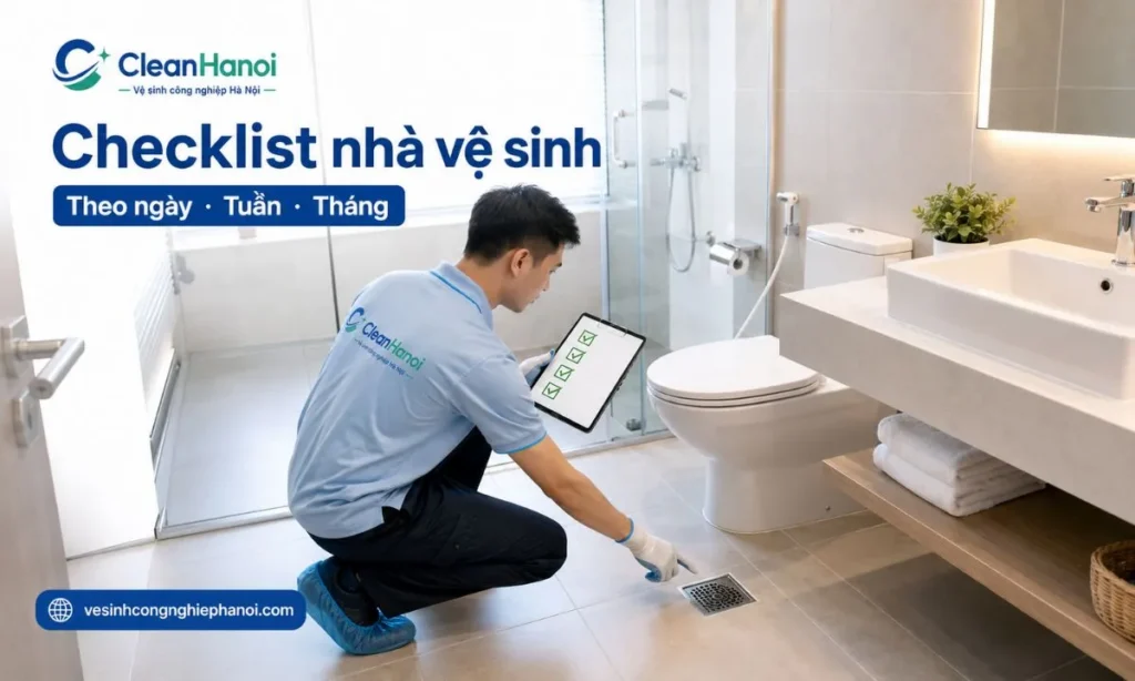 Checklist vệ sinh nhà vệ sinh giúp kiểm tra bồn cầu, lavabo, gương kính, sàn, ron gạch, phễu thoát sàn, thùng rác, vật tư và mùi theo ngày, tuần, tháng.
