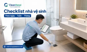 Checklist vệ sinh nhà vệ sinh giúp kiểm tra bồn cầu, lavabo, gương kính, sàn, ron gạch, phễu thoát sàn, thùng rác, vật tư và mùi theo ngày, tuần, tháng.