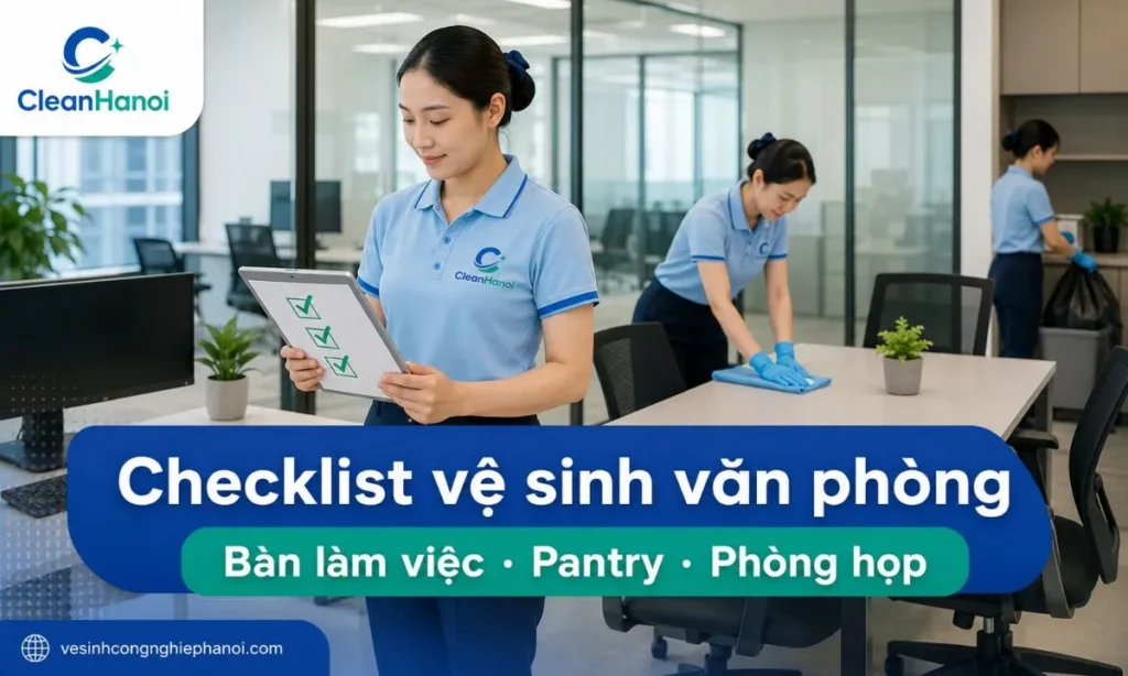 Checklist vệ sinh văn phòng giúp kiểm tra các khu vực như bàn làm việc, phòng họp, pantry, lễ tân, nhà vệ sinh, thùng rác, kính, sàn và thảm theo ngày, tuần hoặc định kỳ.
