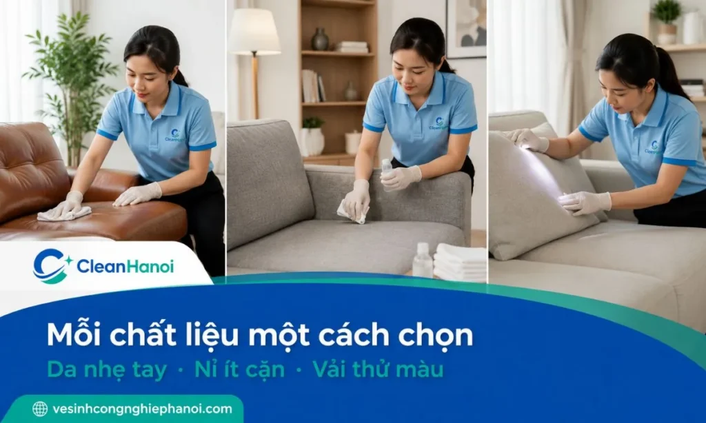Sofa da cần dung dịch nhẹ và lau khô nhanh; sofa nỉ, vải cần dung dịch ít cặn và kiểm soát lượng ẩm; sofa nhung cần thao tác rất nhẹ để tránh xù hoặc đổi chiều sợi.