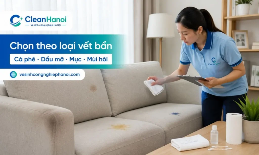 Mỗi loại vết bẩn trên sofa như bụi bẩn, mồ hôi, dầu cơ thể, đồ ăn, cà phê, dầu mỡ, mực bút bi hoặc mùi hôi cần cách chọn dung dịch khác nhau, không nên xử lý giống nhau bằng một loại hóa chất.