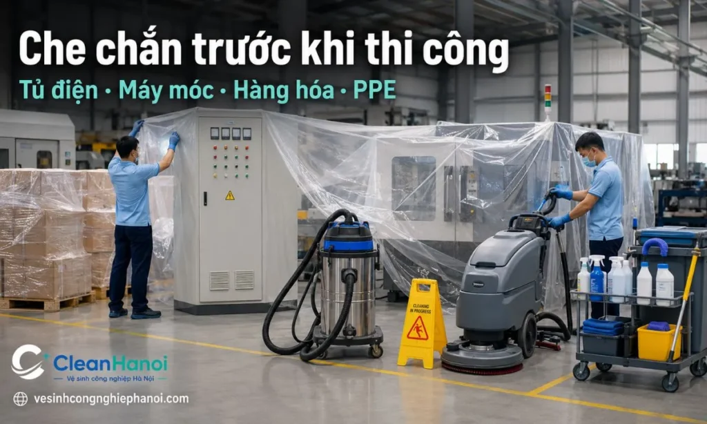 Trước khi vệ sinh nhà xưởng cần chuẩn bị máy hút bụi công nghiệp, máy chà sàn, máy hút nước, hóa chất phù hợp, đồ bảo hộ và che chắn tủ điện, máy móc, bảng điều khiển, hàng hóa hoặc nguyên vật liệu cần bảo vệ.