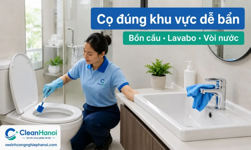 Khi làm sạch nhà vệ sinh, cần cọ bồn cầu bằng dụng cụ riêng, lau lavabo, vòi nước, nút xả, tay nắm cửa, công tắc và các vị trí thường xuyên chạm tay để hạn chế bẩn chéo.