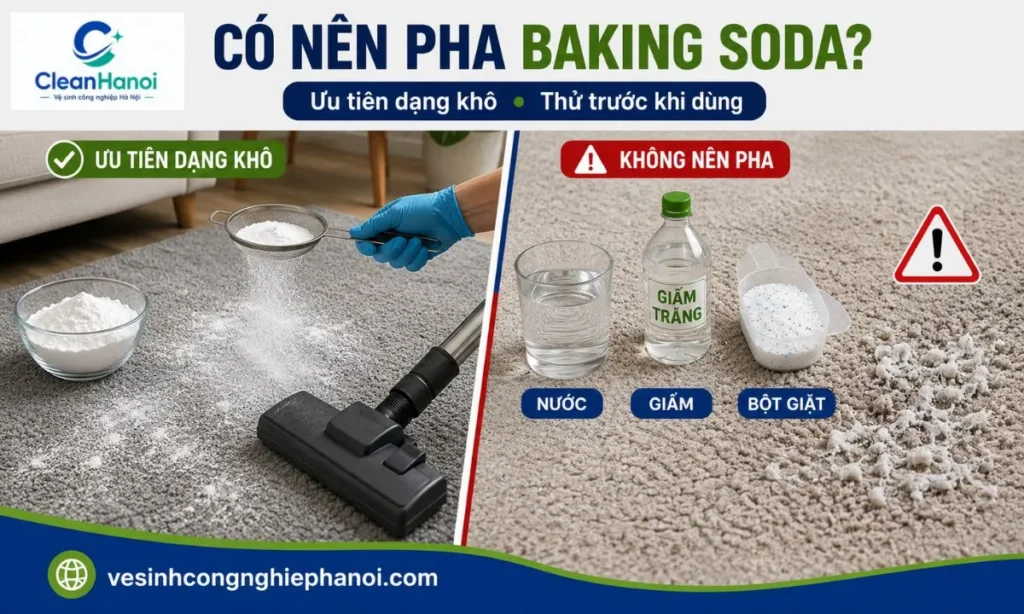rủi ro thảm bị ẩm, bết sợi hoặc còn cặn khi tự pha baking soda với nước, giấm, bột giặt và chất tẩy rửa.