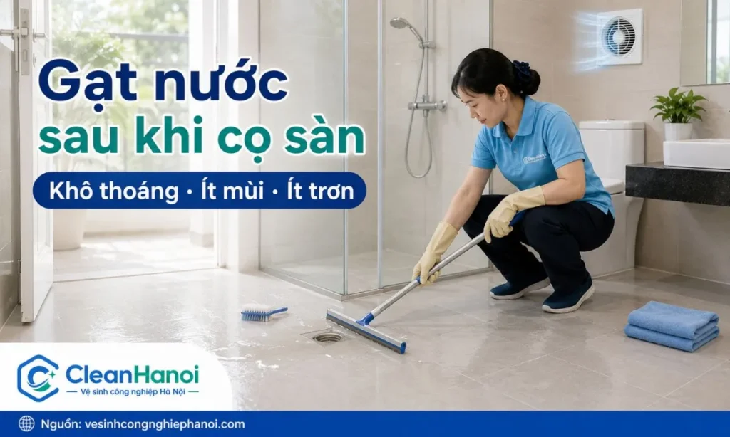 Sau khi cọ sàn nhà tắm và khu vực phễu thoát nước, cần xả sạch dung dịch, gạt nước về thoát sàn, lau khô các bề mặt dễ đọng nước và mở thông gió để hạn chế sàn trơn, ron đen và mùi hôi.