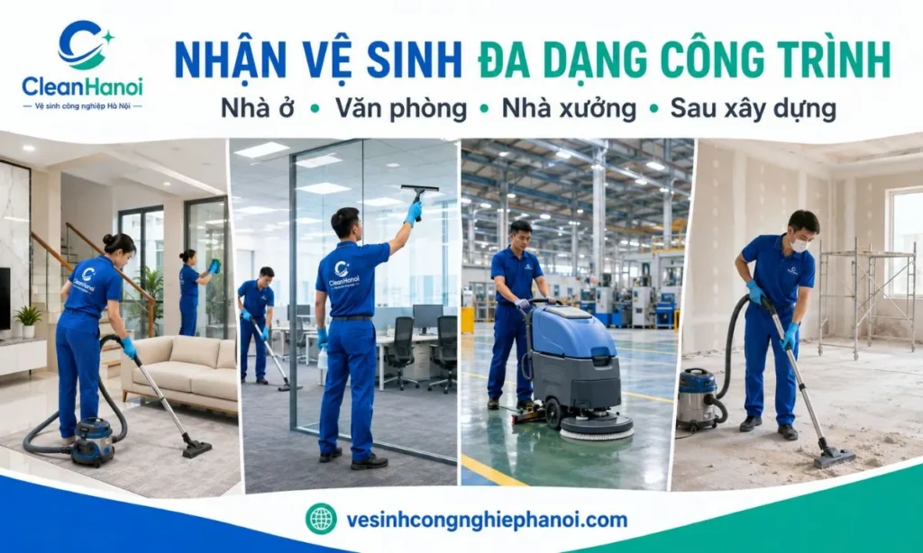 Các công trình CleanHanoi nhận vệ sinh tại Đan Phượng gồm nhà ở, văn phòng, nhà xưởng và công trình sau xây dựng