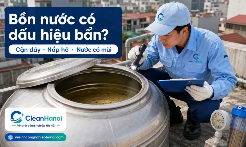 Các dấu hiệu nên vệ sinh bồn nước gồm nước sinh hoạt có cặn, vòi sen dễ tắc, bồn có mùi, nắp bồn không kín, bồn lâu ngày chưa vệ sinh hoặc sau sửa chữa đường nước.