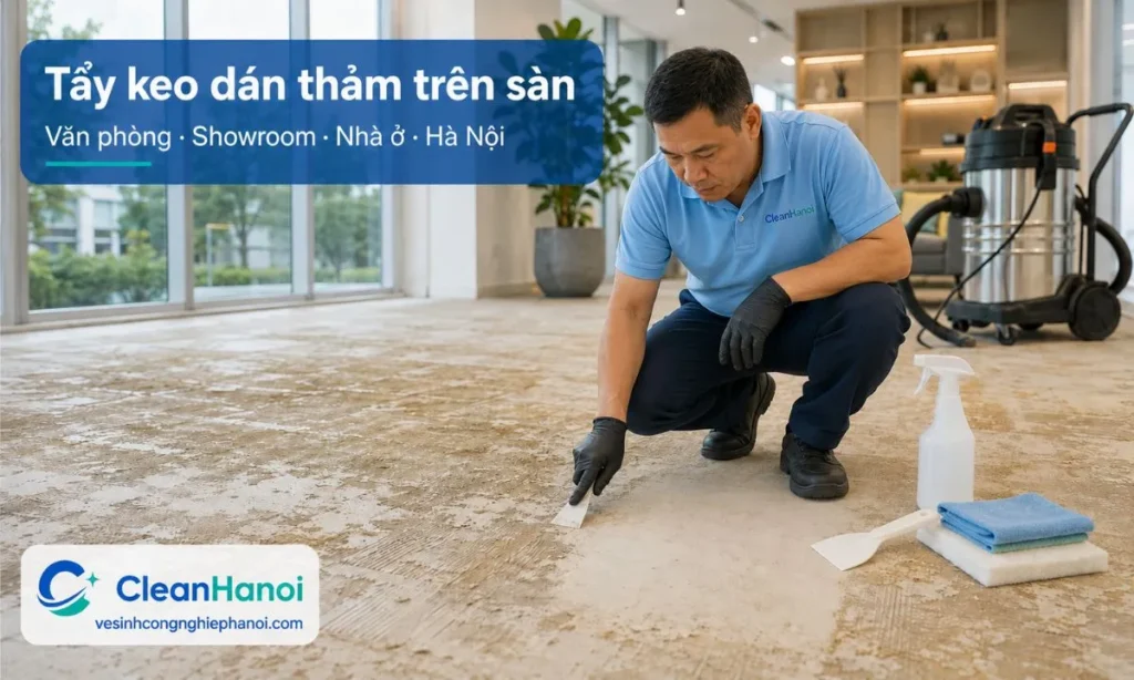 CleanHanoi nhận tẩy keo dán thảm trên sàn tại Hà Nội cho nhà ở, văn phòng, showroom, cửa hàng và mặt bằng sau cải tạo, xử lý keo vàng, keo đen, keo trắng, keo lâu ngày bị khô cứng hoặc nhớt.