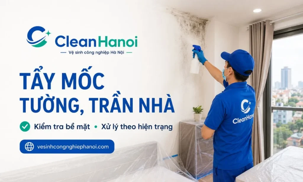 nhân viên CleanHanoi che chắn và xử lý mảng mốc trên bề mặt tường trong không gian nhà ở tại Hà Nội.