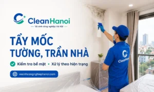nhân viên CleanHanoi che chắn và xử lý mảng mốc trên bề mặt tường trong không gian nhà ở tại Hà Nội.