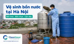 CleanHanoi nhận vệ sinh bồn nước inox, bồn nhựa, bồn chứa nước nổi tại Hà Nội cho nhà ở, văn phòng, cửa hàng, nhà cho thuê và cơ sở kinh doanh, giúp làm sạch cặn đáy, rong rêu, mảng bám và kiểm tra nắp bồn.